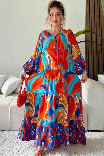 AYASOFYA OTANTIK Women's Orange V-neck Balloon Sleeve Ethnic Patterned Long Dress