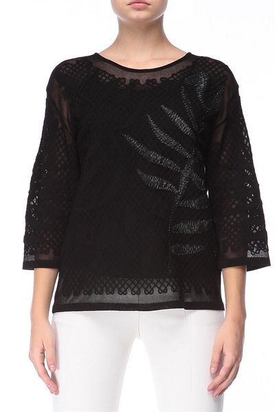 Escada Loose Cut Transparent Lace Detailed Three-Quarter Sleeve Black Sweater