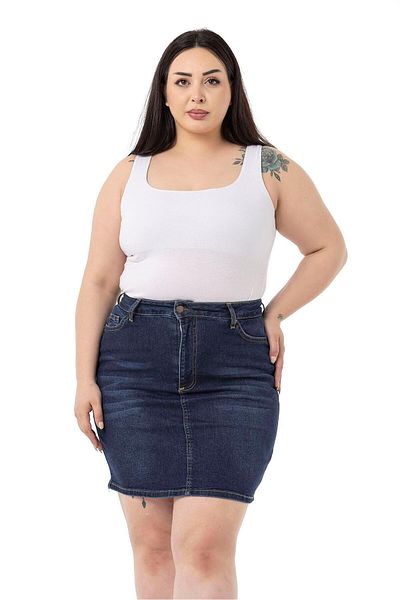 DISENTIS MODEST Large Size Navy Blue Mini Denim Skirt with Grinding Detail and Five Pockets