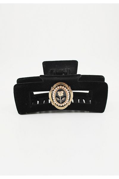 Roberta Lorenz Black Velvet Textured Rose Emblem Latch Buckle/10 cm