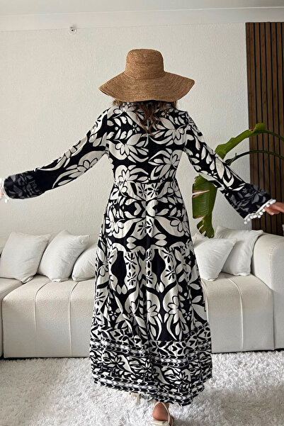 AYASOFYA OTANTIK Γυναικείο Μακρύ Φόρεμα με Λεπτομέρεια Λευκό Πομπόν με λαιμόκοψη V με μανίκια με έθνικ σχέδιο