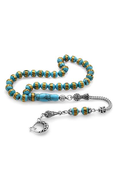 Tesbihane Non-Tarnish Metal Tasseled Coiled Brass Embroidered Turquoise Natural Stone Rosary