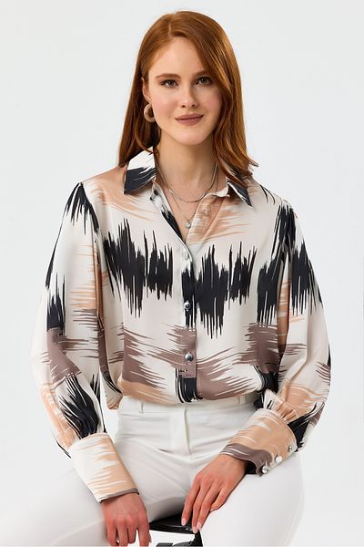 MD trend Cămașă oversize din satin cu șnur, cu mânecă cu balon, cu modele multicolore pentru femei