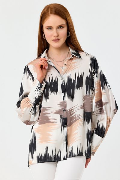 MD trend Cămașă oversize din satin cu șnur, cu mânecă cu balon, cu modele multicolore pentru femei