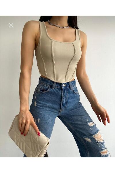 ZEYLOVE Square Collar Corset Look Fitted Crop Bluz