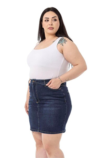 DISENTIS MODEST Large Size Navy Blue Mini Denim Skirt with Grinding Detail and Five Pockets