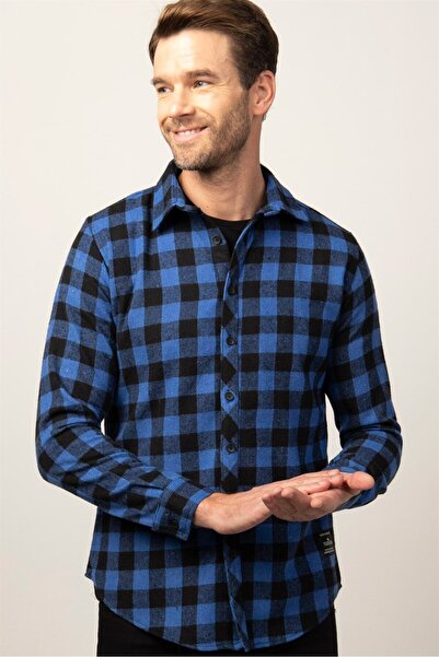 Tudors Slim Fit Uzun Kollu Kışlık Oduncu Dama Desen Erkek Sax Mavi Gömlek