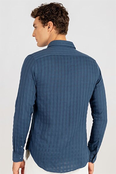 Tudors Slim Fit hosszú ujjú pamut önmintás, bordázott sima férfi indigó ing