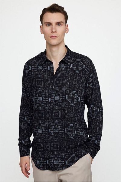 Tudors Slim Fit Μακρυμάνικο Slim Fit με τυπωμένο σχέδιο Viscose Sports ανδρικό πουκάμισο