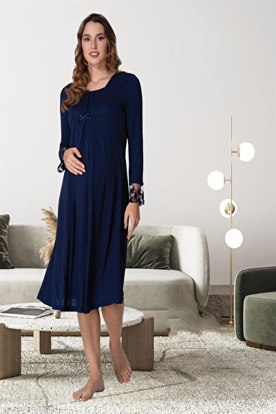 Genel Markalar Kadın Lacivert Dantelli Emzirme Özellikli Uzun Kollu Hamile Lo...