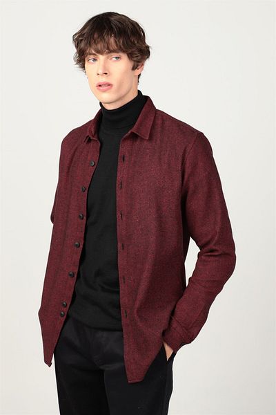 Tudors Slim Fit Langarm Winter Lumberjack Plain Herrenhemd Burgunderrot