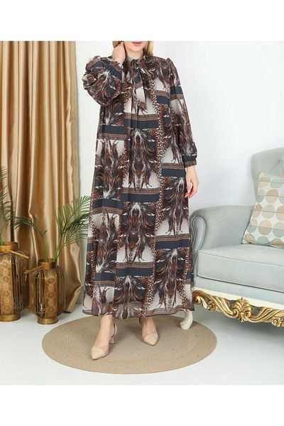 Zümrüt for plus size, tie collar, print chiffon dress 5027