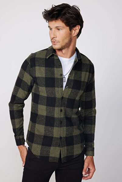 Tudors Slim Fit Uzun Kollu Kareli Kışlık Oduncu Erkek Haki Gömlek