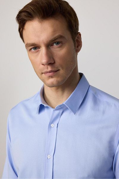 Tudors Cămașă albastră pentru bărbați, din bumbac, cu mânecă lungă, slim fit, ușor de călcat Dobby