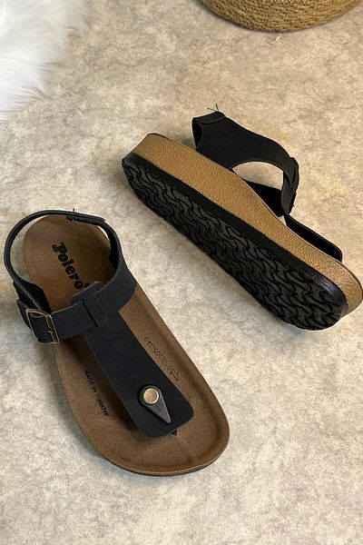 İmerShoes Daily Women's Black Slippers Flip Flops Comfortable Cork Sole Buckle Adjustable Sandals 148 - 34170
