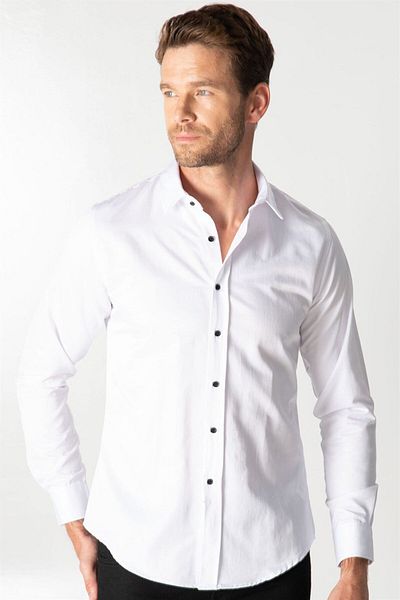 Tudors Obyčejná pánská bílá košile Slim Fit s dlouhým rukávem