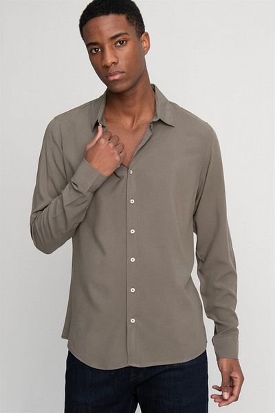 Tudors Slim Fit Μακρυμάνικο Slim Fit Flower Viscose Stylish ανδρικό πουκάμισο χακί