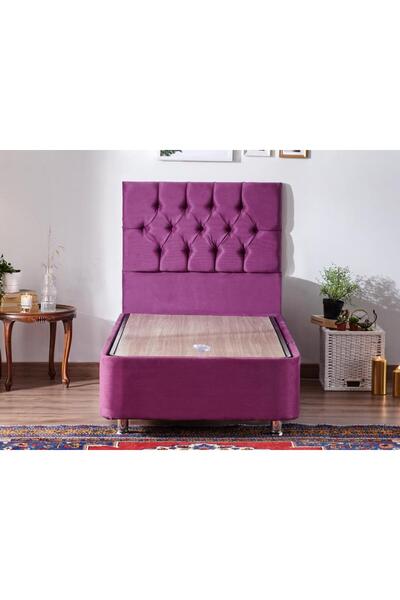 Niron Yatak Purple Baza Ve Başlık Seti Tek Kişilik Sandıklı Mor Kumaş Baza Ve Başlığı, 6 Ayaklı Metal Baza