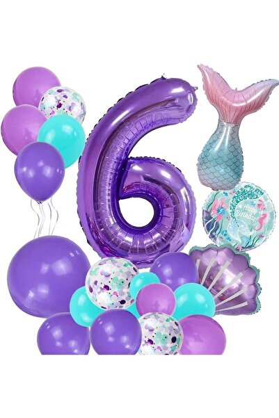 Parti Station Mor Rakam Balon 6 Yaş Deniz Kızı Temalı Doğum Günü Parti Kutlam...