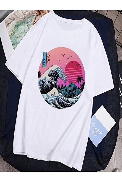 NOFLEN Tricou alb, oversize, cu spatele oceanului, cu imprimeu