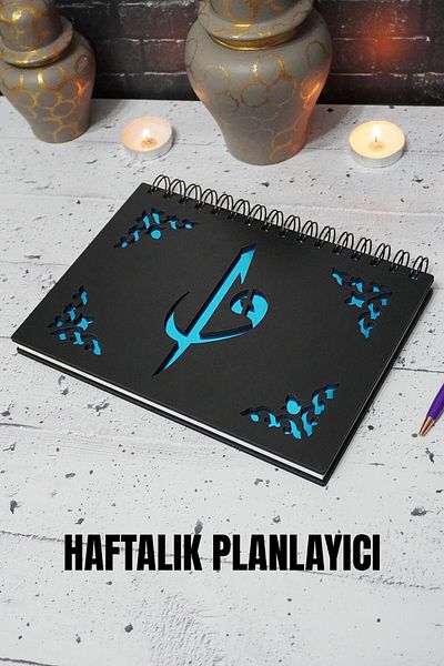 markcat Elif Vav Caiet de planuri din lemn negru - Agenda fără timp - Planificator săptămânal - A5