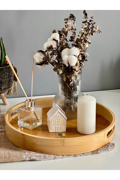 ECO KİTCHEN Bamboo Round Medium Size Tray, Serving Tray. Wooden Tray