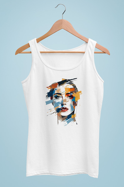 Raf Coll Tricou cu bretele pentru femei, cu design facial, imprimat digital, 100% bumbac