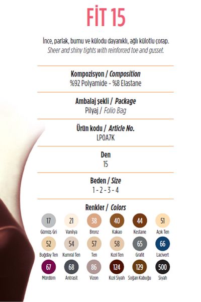 Penti 15 Den, Цвят №: 86. Норка / Прилягане. Тънък, блестящ, издръжлив нос и бикини, мрежест чорапогащник.