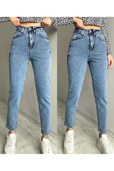 JILLY Julia Snow Blue Mom Jeans Lycra High Waist Snow Wash Mom Jeans Изключително удобни