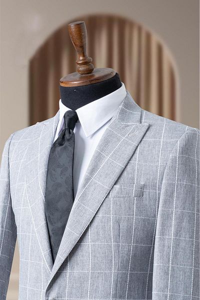 MODA DİNA Summer Fabric Gray Plaid Italian Style Lined Men's Blazer Jacket