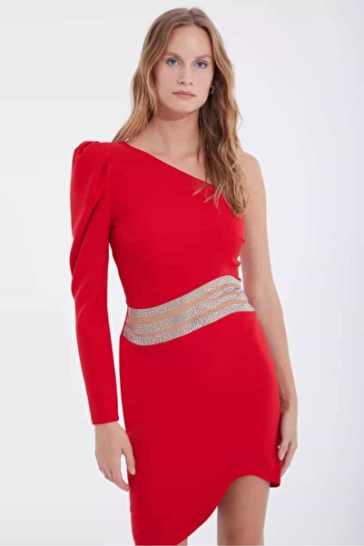 SAHARAMODA Fervente Kırmızı Özel Tasarım Tek Kol Abiye Gece Elbisesi