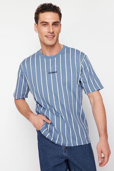 Trendyol Collection Indigové pruhované oversize bavlněné tričko - Tmnss24Ts00202