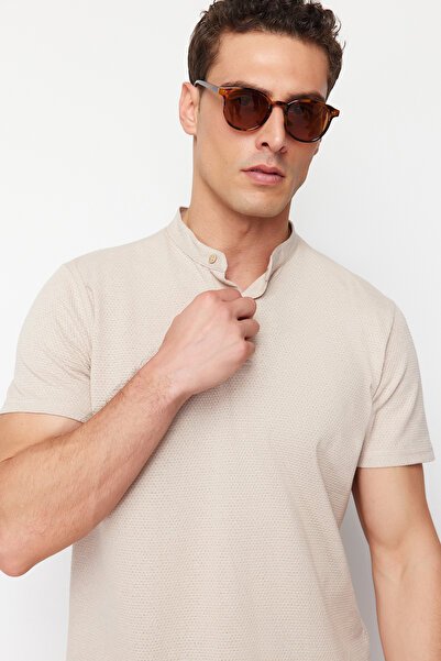 Trendyol Collection Stone Regular/Normal Cut Texture Prevailing Collar Button Tričko TMNSS24PO00018