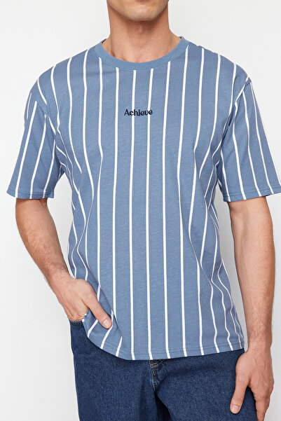 Trendyol Collection Indigo ριγέ υπερμεγέθη βαμβακερό μπλουζάκι - TMNSS24TS00202