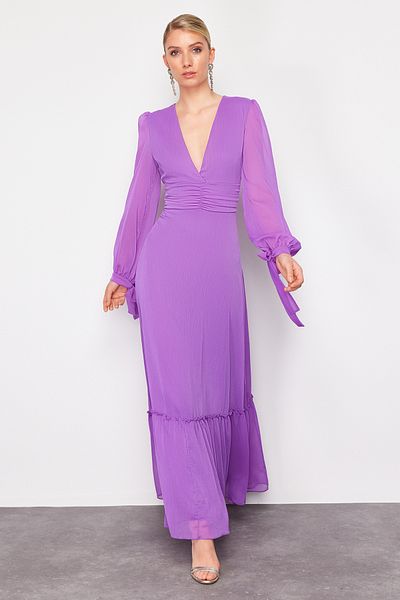 Trendyol Collection Lila Chiffon-Abendkleid im A-Schnitt, lang - TPRSS24AE00117
