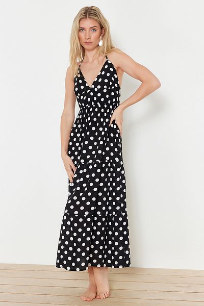 Trendyol Collection Pöttyös Maxi szőtt fodros strandruha TBESS24EL00120