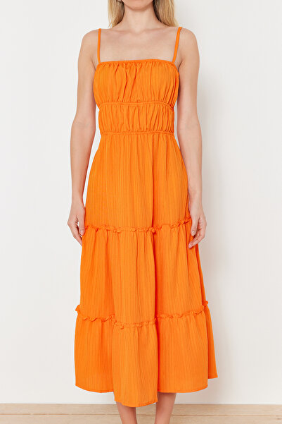 Trendyol Collection Oranžové maxi tkané plážové šaty TBESS24EL00081