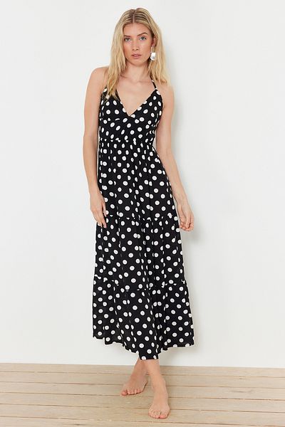 Trendyol Collection Pöttyös Maxi szőtt fodros strandruha TBESS24EL00120