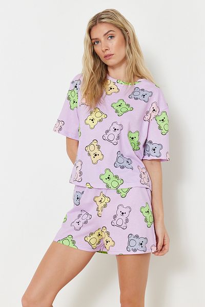 Trendyol Collection Sada pyžama Lilac Teddy Bear ze 100% bavlny - THMSS24PT00072