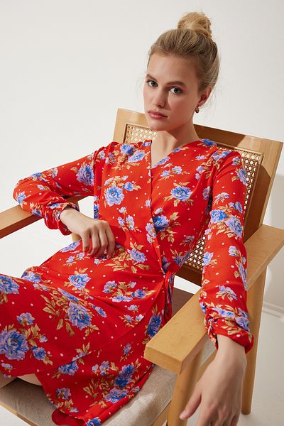 Happiness İstanbul Rotes, florales Mini-Wickel-Chiffonkleid für Damen, UB00274