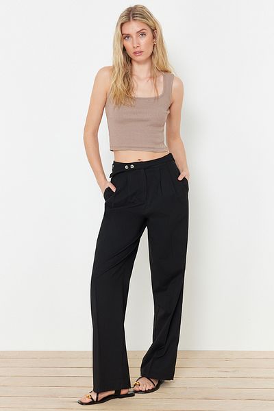 Trendyol Collection Black Straight Cut Belted Woven Trousers - TWOSS24PL00023