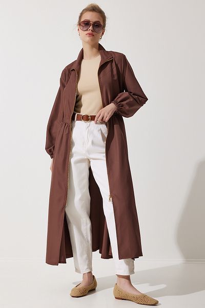 Happiness İstanbul Women's Brown Zippered Seasonal Woven Dress Trench Coat DD01298