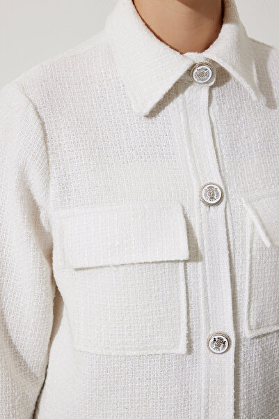 Happiness İstanbul Γυναικείο εκρού, κομψό, υφαντό μπουφάν τουίντ με κουμπιά και τσέπες WF00063