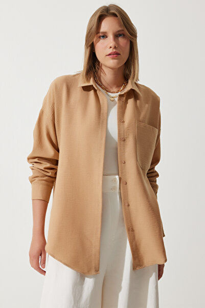 Happiness İstanbul Cămașă Ayrobin supradimensionată de in bej pentru femei DD01222