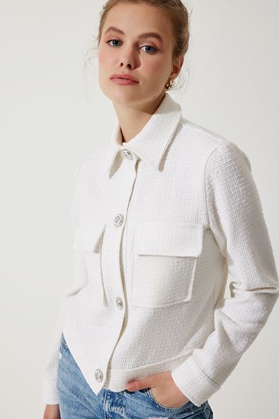 Happiness İstanbul Stilvolle, geknöpfte Tweedjacke aus gewebtem Stoff mit Taschen für Damen in Off-White WF00063