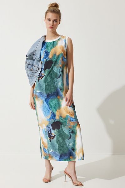 Happiness İstanbul Ärmelloses Sommerkleid für Damen mit Farbverlauf und Muster in Blau KJ00010