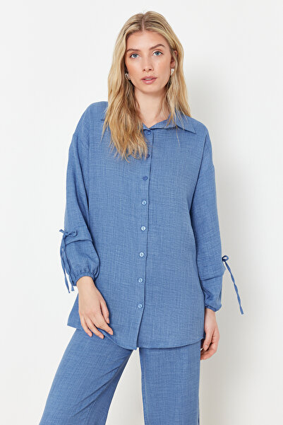 Trendyol Modest Σετ υφασμένο επάνω και κάτω μέρος με λινό Indigo look TCTSS24US00062