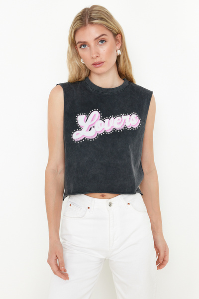 Trendyol Collection Чорний комір з принтом зі слоганом Детально випраний розс...