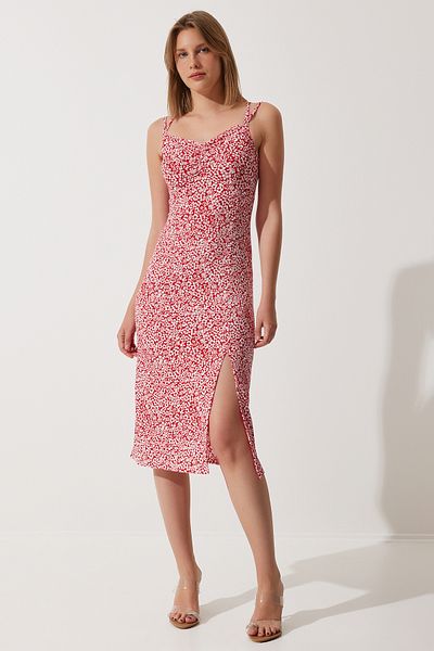 Happiness İstanbul Rotes gemustertes Strickkleid mit doppelten Trägern für Damen MC00262