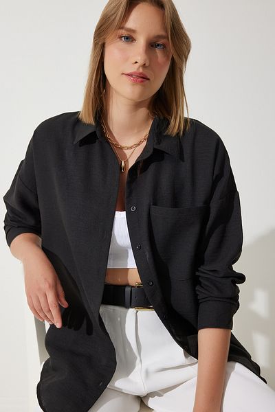 Happiness İstanbul Schwarzes Oversize-Leinenhemd von Ayrobin für Damen DD01222